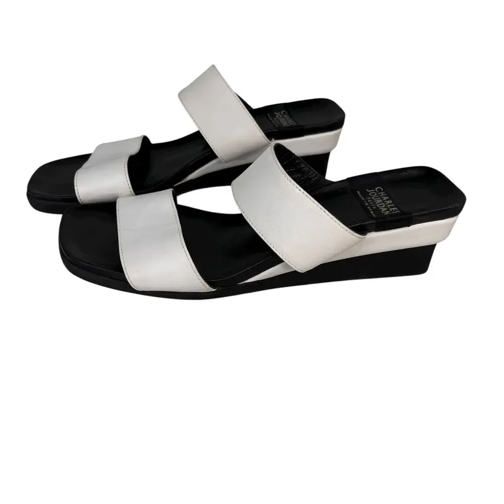 Charles Jourdan Paris Yol Wedge Sandals Black White 8M
